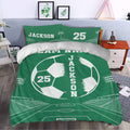 Green soccer duvet cover set styled on a bed with stadium lines, soccer ball artwork, and matching pillows