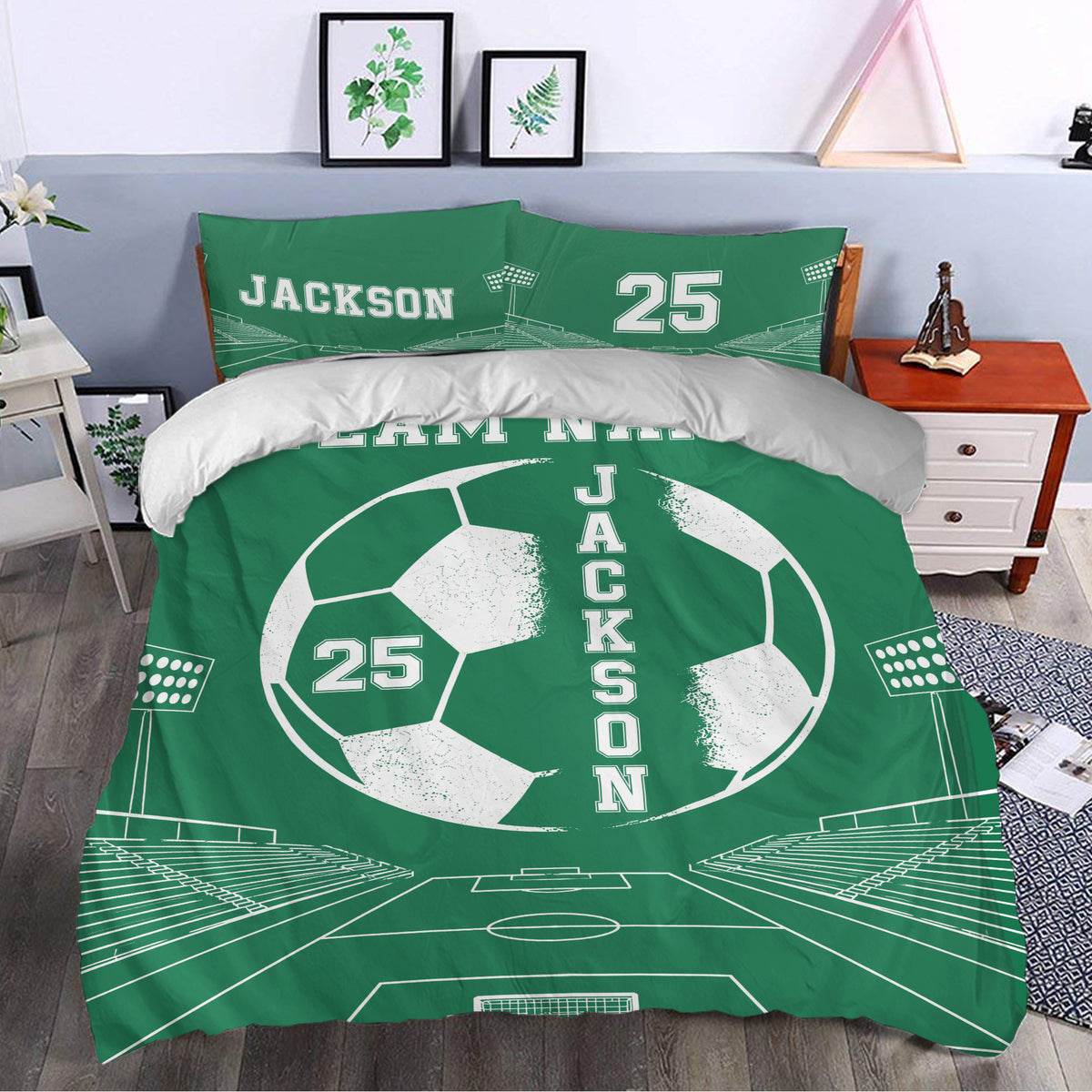 Green soccer duvet cover set styled on a bed with stadium lines, soccer ball artwork, and matching pillows