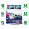 Soccer duvet cover set shown with colorful ball artwork and visual feature icons around the bedding