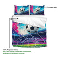 Soccer duvet cover set detail showing printed ball artwork and soft polyester fabric construction