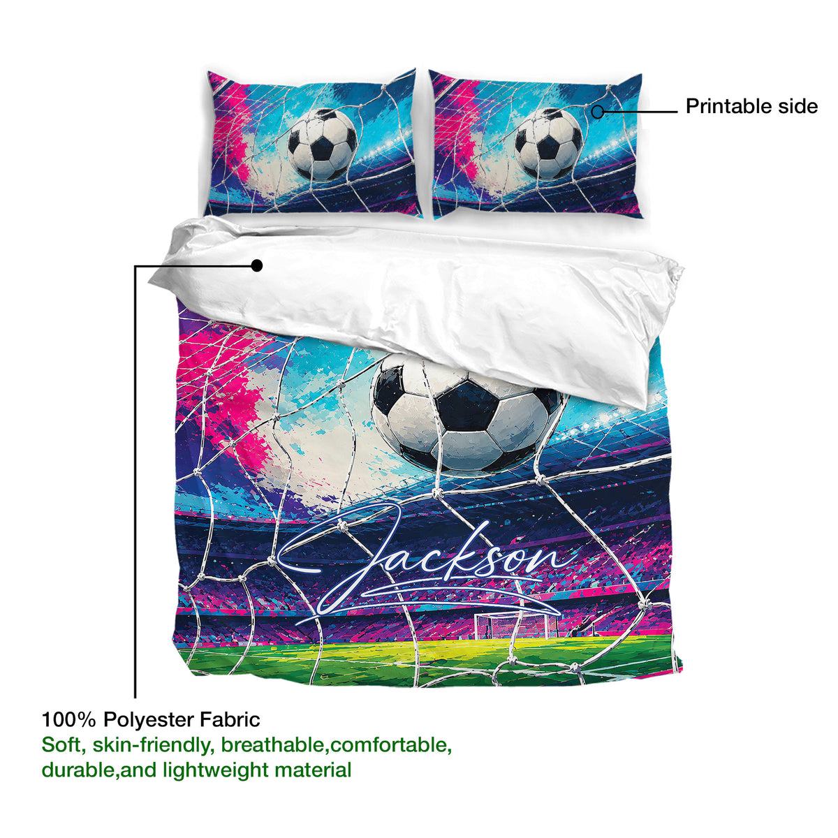 Soccer duvet cover set detail showing printed ball artwork and soft polyester fabric construction