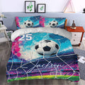 Soccer duvet cover set styled in a modern bedroom with bold stadium-inspired ball artwork