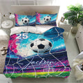 Soccer bedding set presented in a bright bedroom with colorful ball, net, and field design