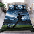 Custom soccer duvet cover set with stadium lights, player silhouette, soccer ball, and blue field artwork