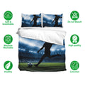 Soccer duvet cover bedding set displayed with stadium artwork and matching pillowcases in a blue sports theme