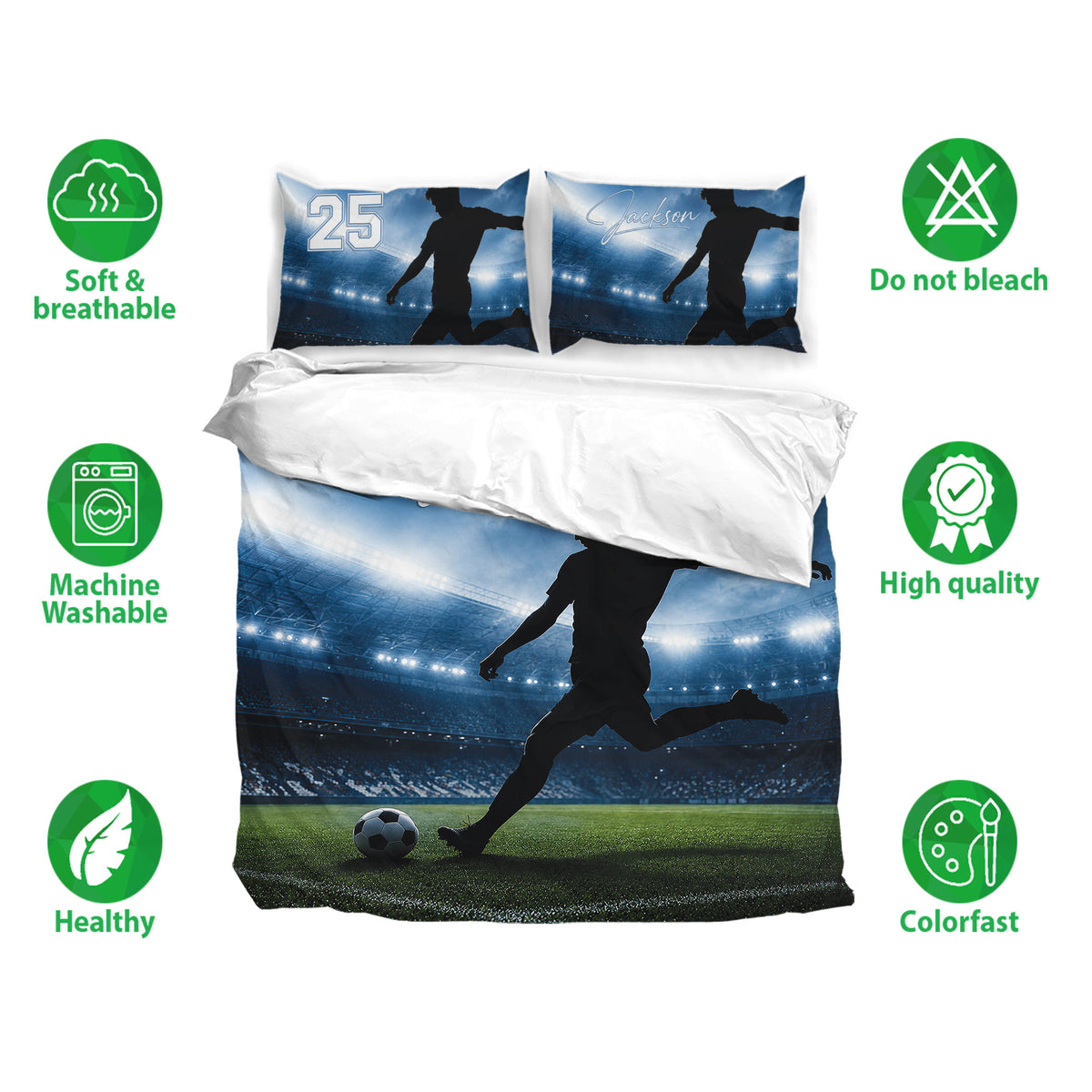 Soccer duvet cover bedding set displayed with stadium artwork and matching pillowcases in a blue sports theme