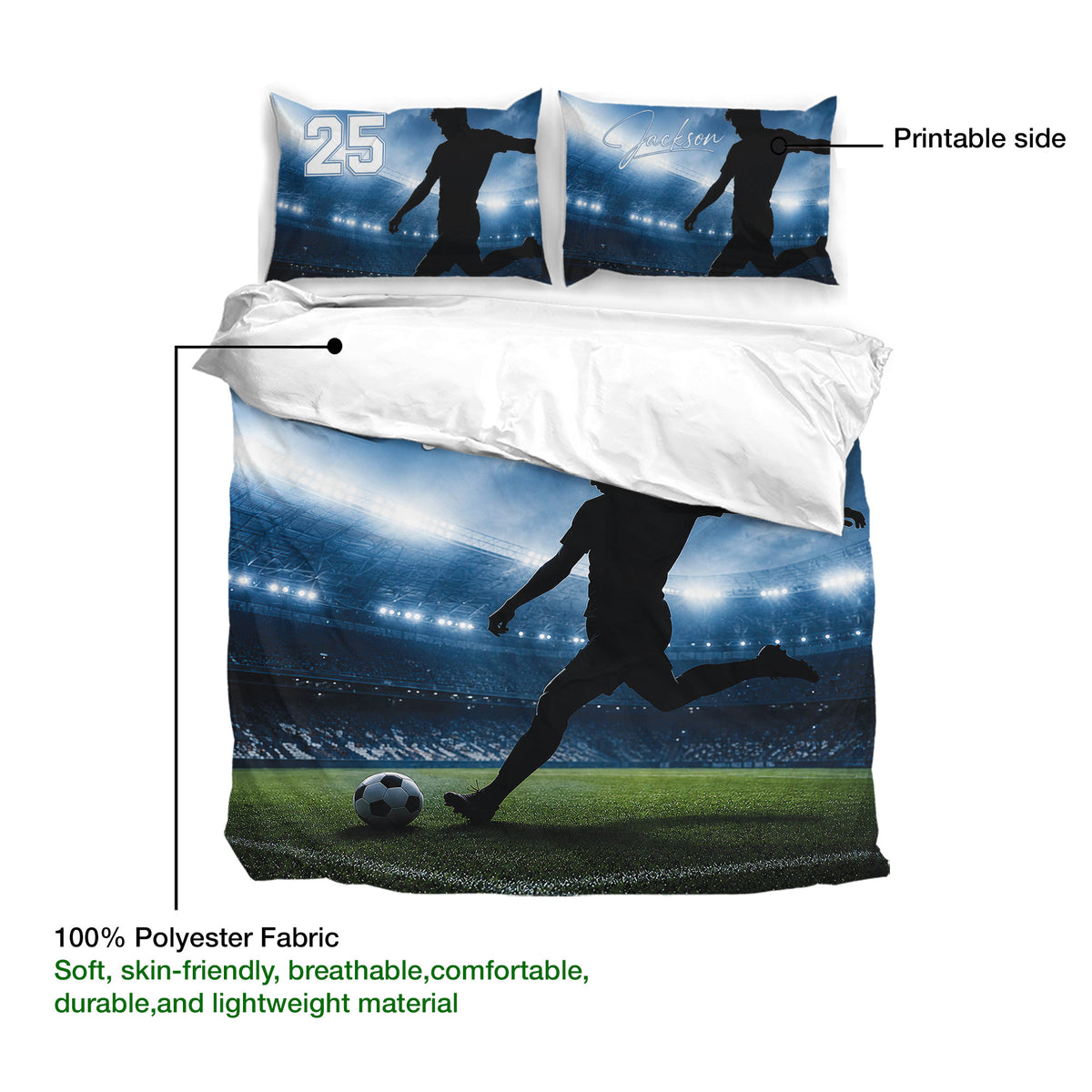 Soccer duvet cover set detail showing stadium player artwork and soft 100% polyester fabric