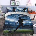 Soccer duvet cover bedding set styled in a bedroom with blue stadium artwork and dynamic player silhouette