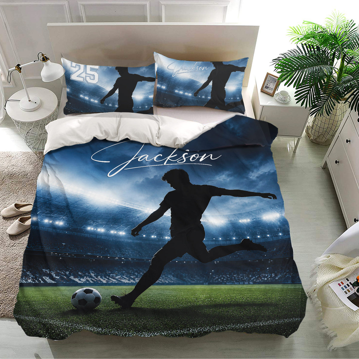 Soccer bedding set displayed in a bright bedroom with stadium lights, soccer field, and matching pillowcases