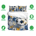 Soccer bedding set shown with matching pillowcases and bold blue and gold artwork