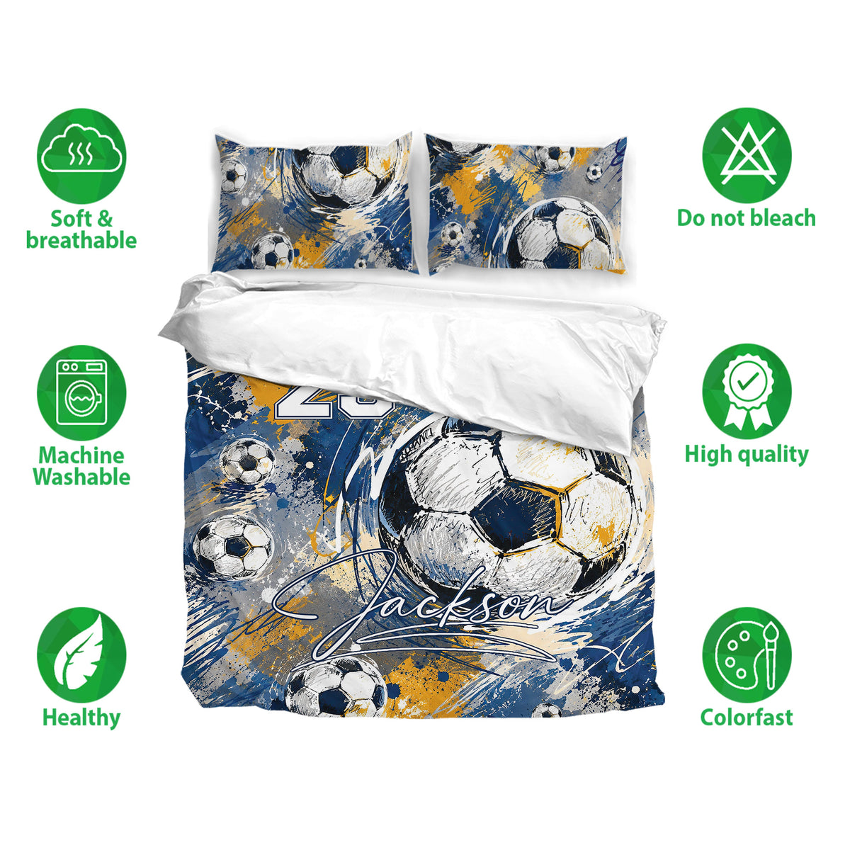 Soccer bedding set shown with matching pillowcases and bold blue and gold artwork