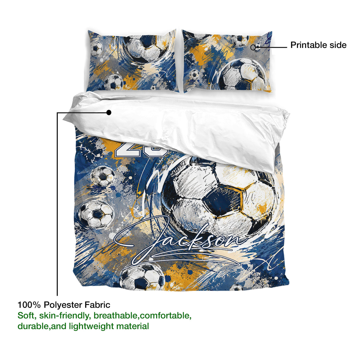 Soccer duvet cover set detail showing printed artwork and soft fabric presentation