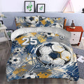 Soccer bedding displayed in a bedroom with illustrated balls and energetic blue and gold accents