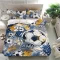 Soccer duvet cover bedding set styled in a modern bedroom with matching printed pillowcases