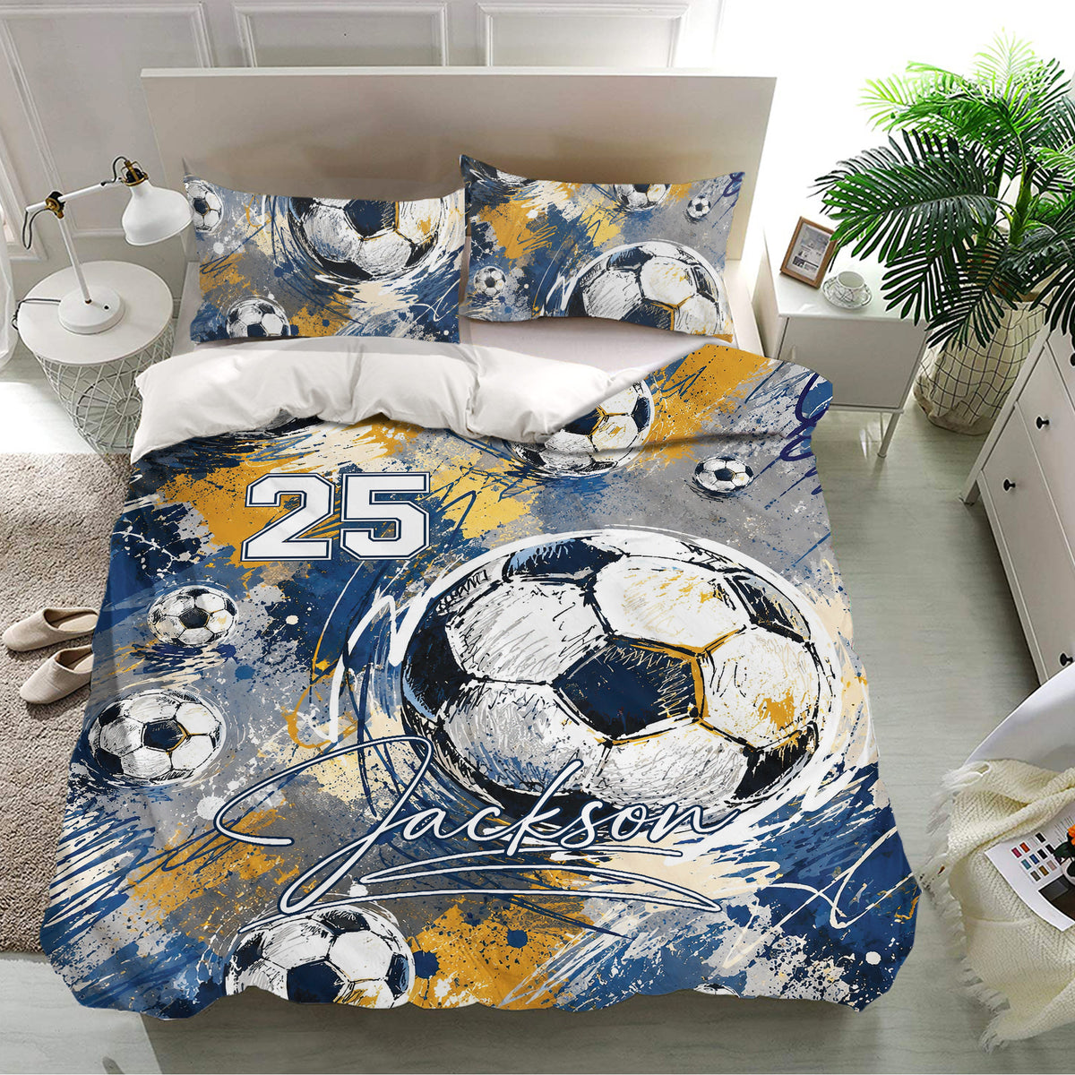 Soccer duvet cover bedding set styled in a modern bedroom with matching printed pillowcases