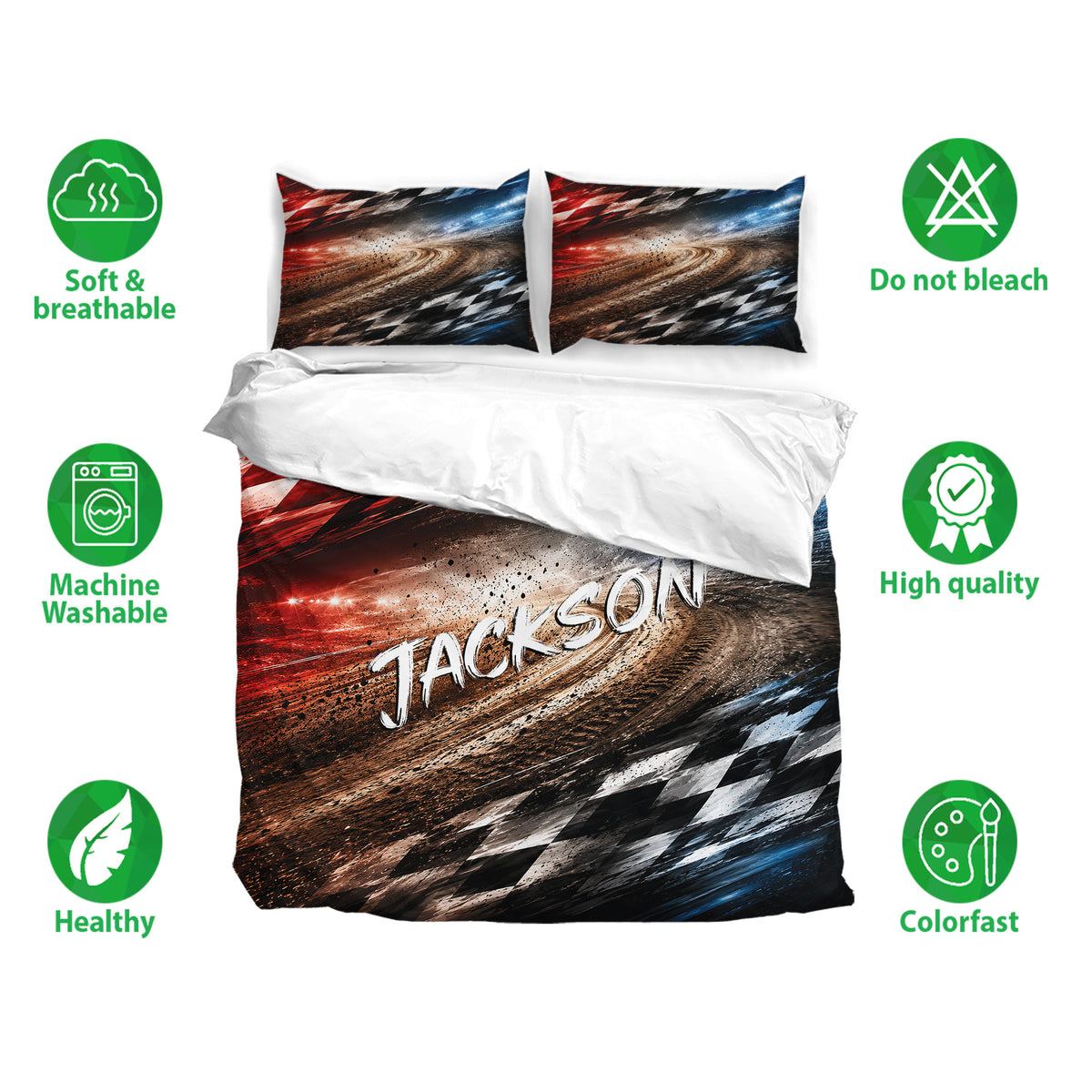 Racing duvet cover bedding set shown with matching pillowcases and bold red, black, white, and blue design