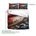 Racing duvet cover set with matching pillowcases, vivid track artwork, and printable fabric surface