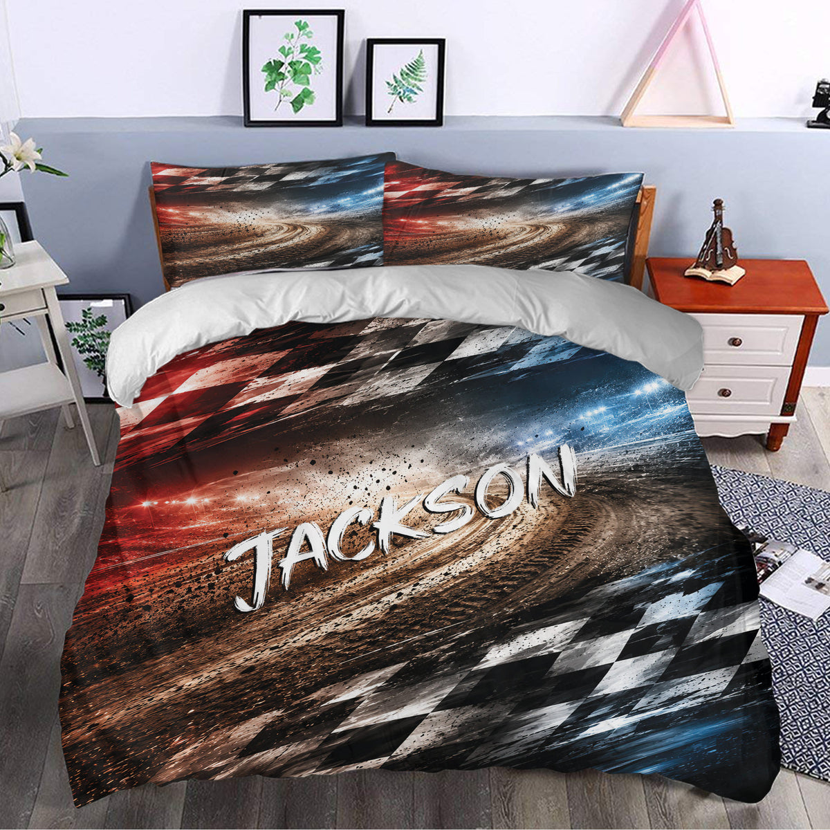 Racing duvet cover styled in a bedroom with dramatic track lighting and checkered flag artwork