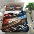 Racing duvet cover set presented in a bright bedroom with colorful track-inspired artwork