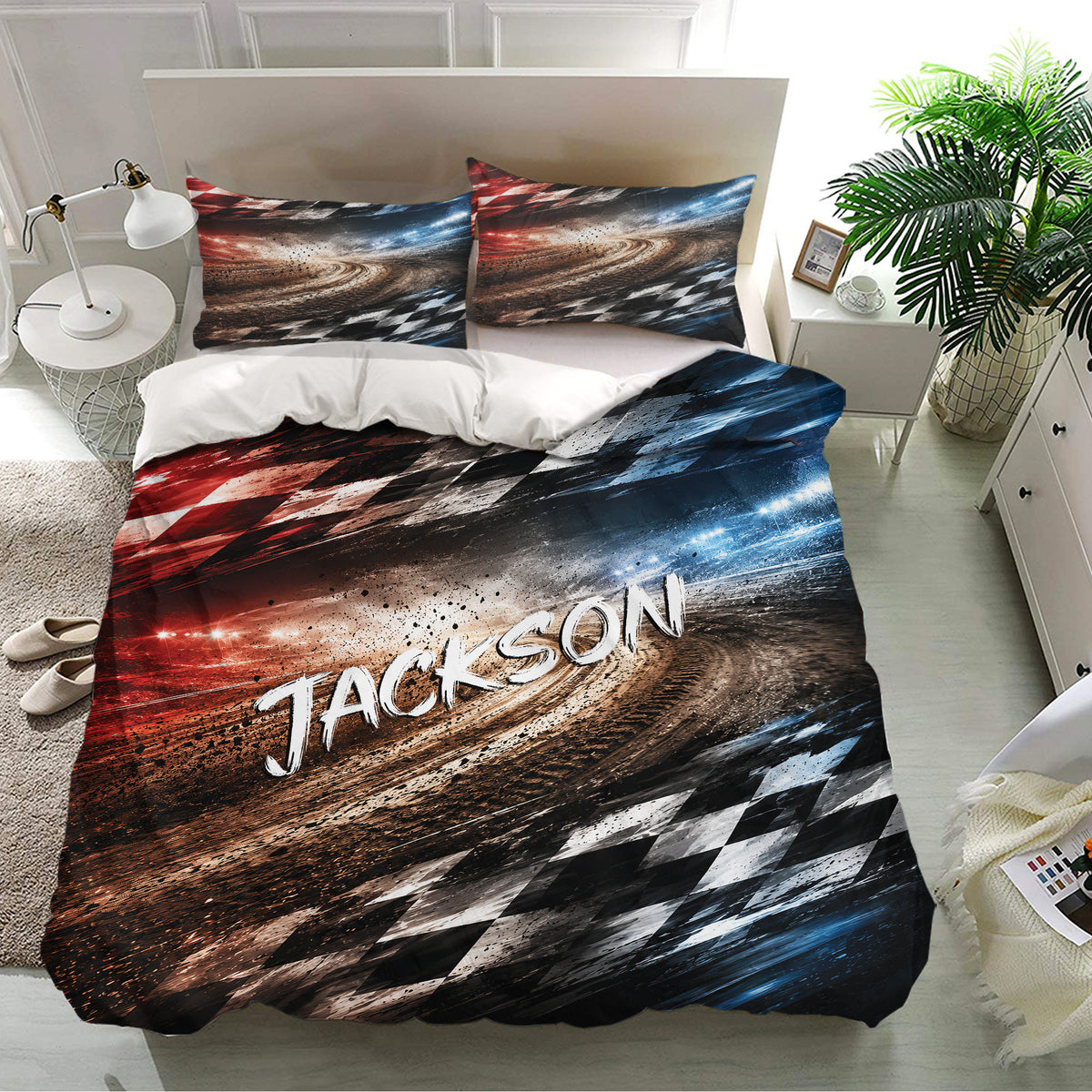 Racing duvet cover set presented in a bright bedroom with colorful track-inspired artwork