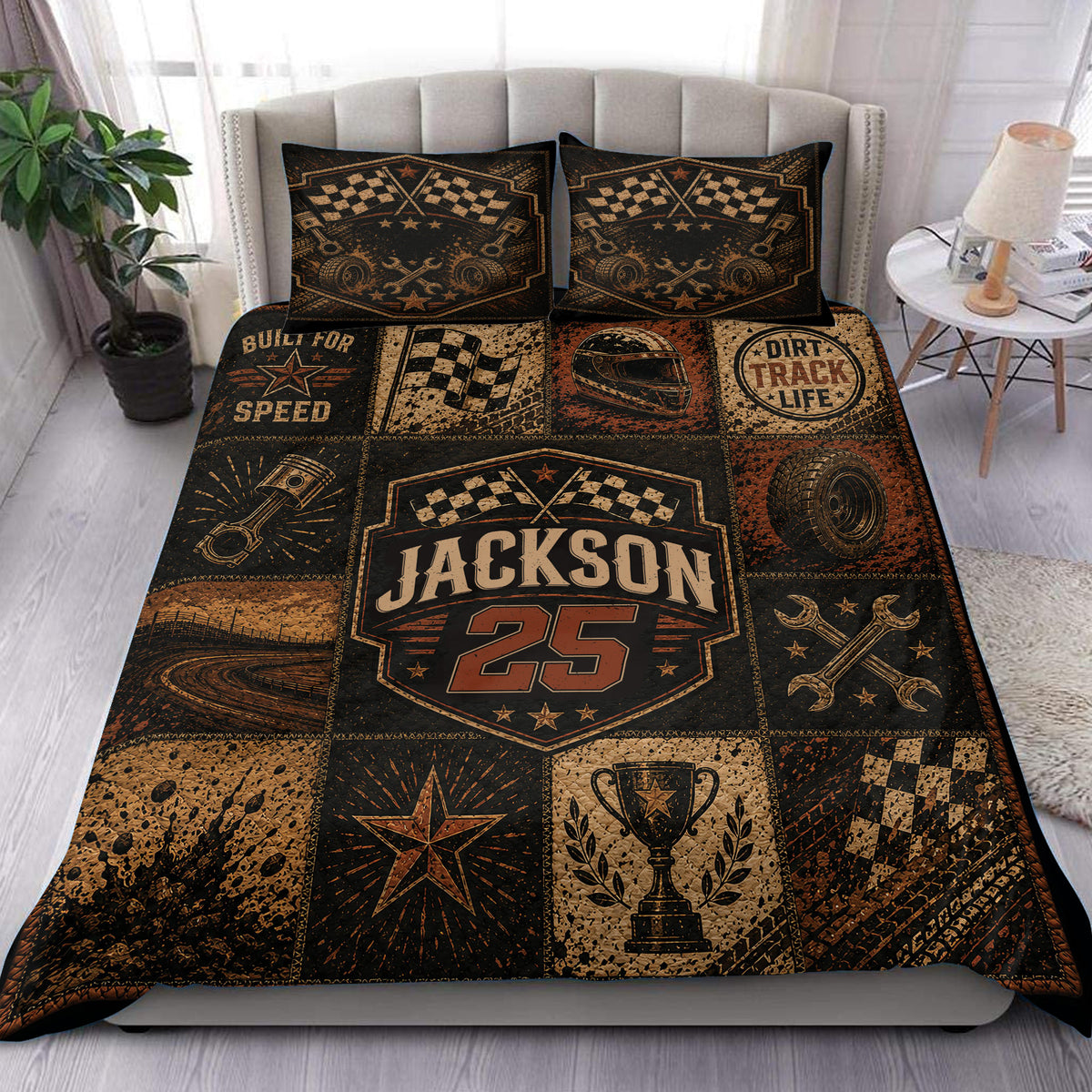 Dirt track racing duvet cover set displayed on a bed with checkered flags, racing wheels and vintage motorsport artwork
