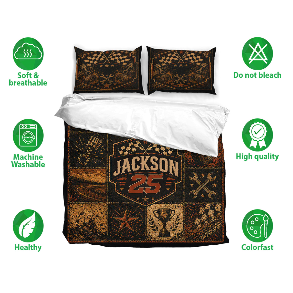Dirt track racing bedding set shown with matching pillowcases and feature icons for breathable, washable, quality fabric
