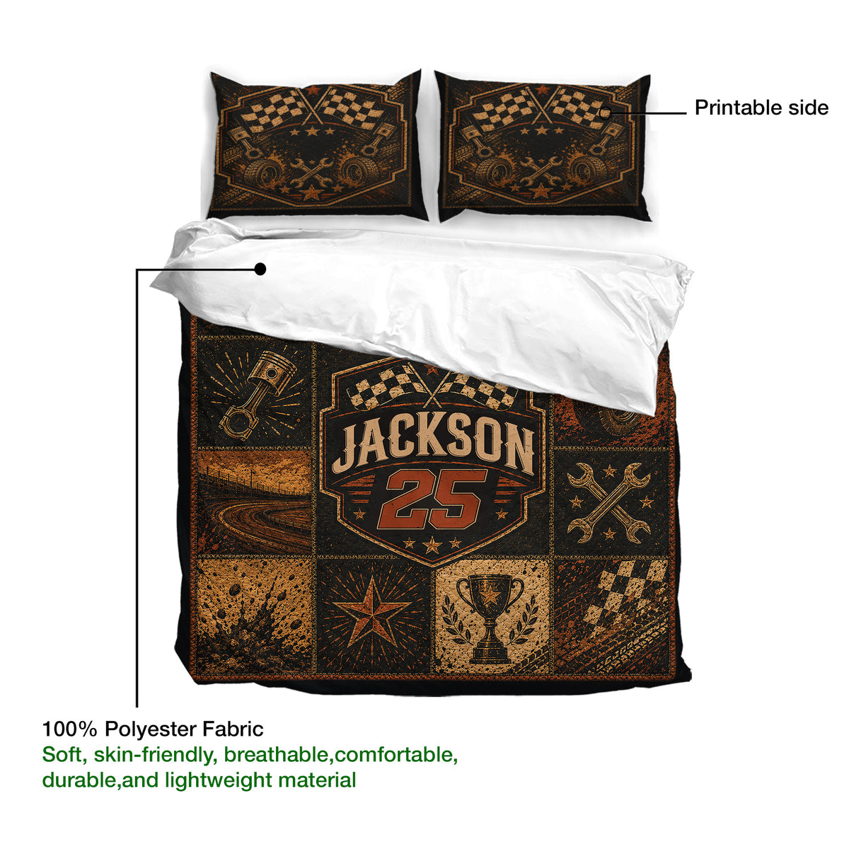 Dirt track racing duvet cover set with printable racing artwork, checkered flags and soft 100% polyester fabric