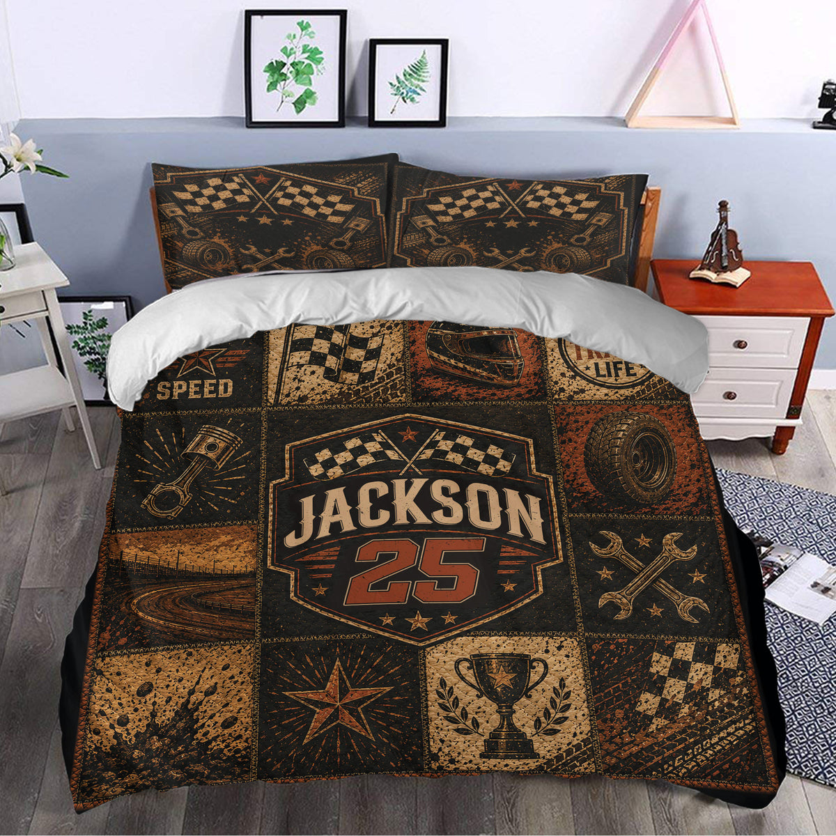 Dirt track racing duvet cover styled in a bedroom with checkered flags, racing helmet, wheels and vintage track graphics