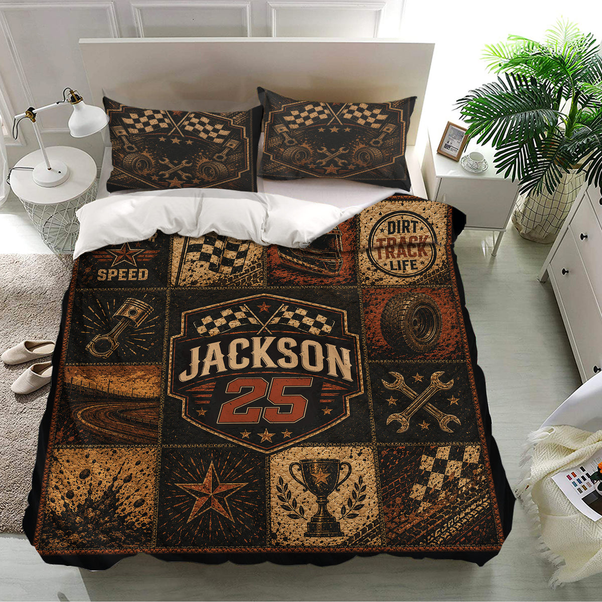 Dirt track racing bedding set in a modern bedroom featuring custom racing artwork, checkered flags and track-inspired details