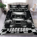 Dirt track racing duvet cover set displayed on a bed with black and white sprint car artwork