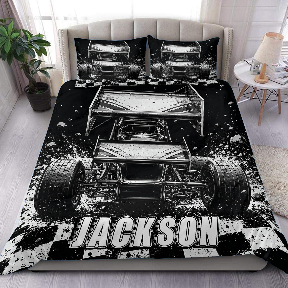 Dirt track racing duvet cover set displayed on a bed with black and white sprint car artwork