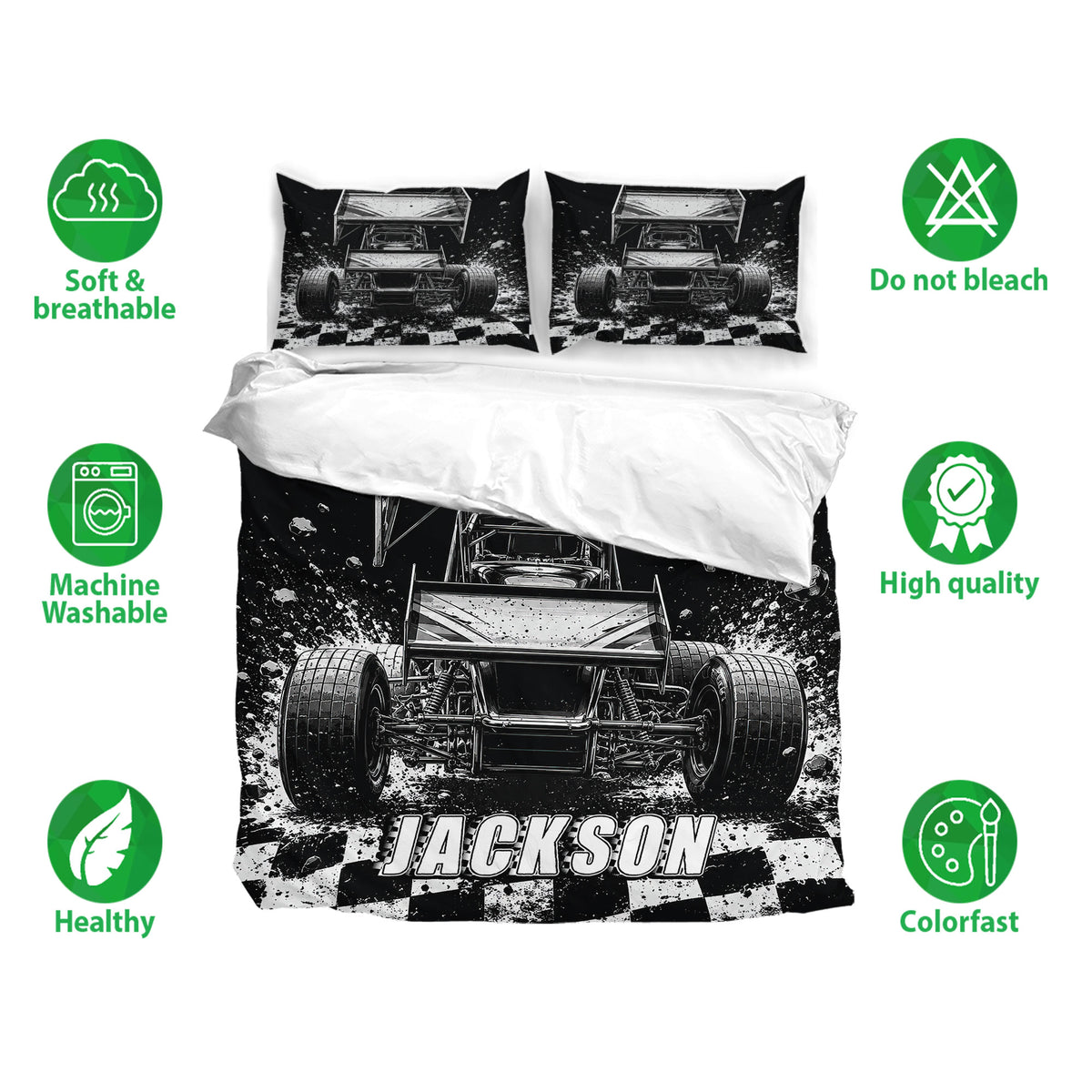 Dirt track racing bedding set with sprint car artwork, pillowcases, and soft breathable fabric icons