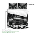 Dirt track racing duvet cover showing printable artwork and a lightweight polyester fabric detail