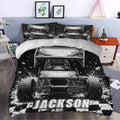 Dirt track racing bedding set styled in a bedroom with bold black and white sprint car graphics