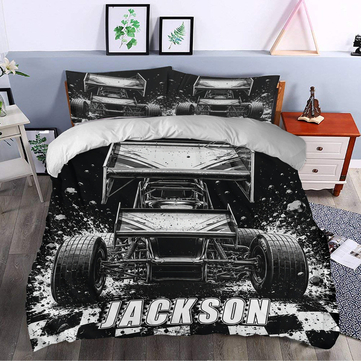 Dirt track racing bedding set styled in a bedroom with bold black and white sprint car graphics