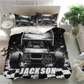 Dirt track racing duvet cover set in a modern bedroom with matching racing car pillowcases