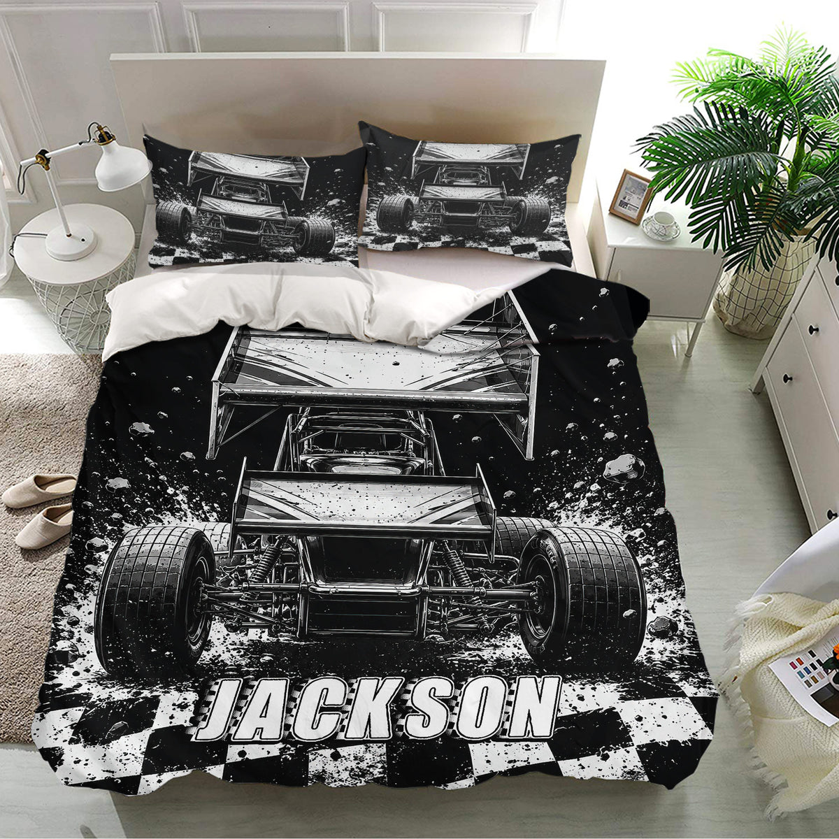 Dirt track racing duvet cover set in a modern bedroom with matching racing car pillowcases
