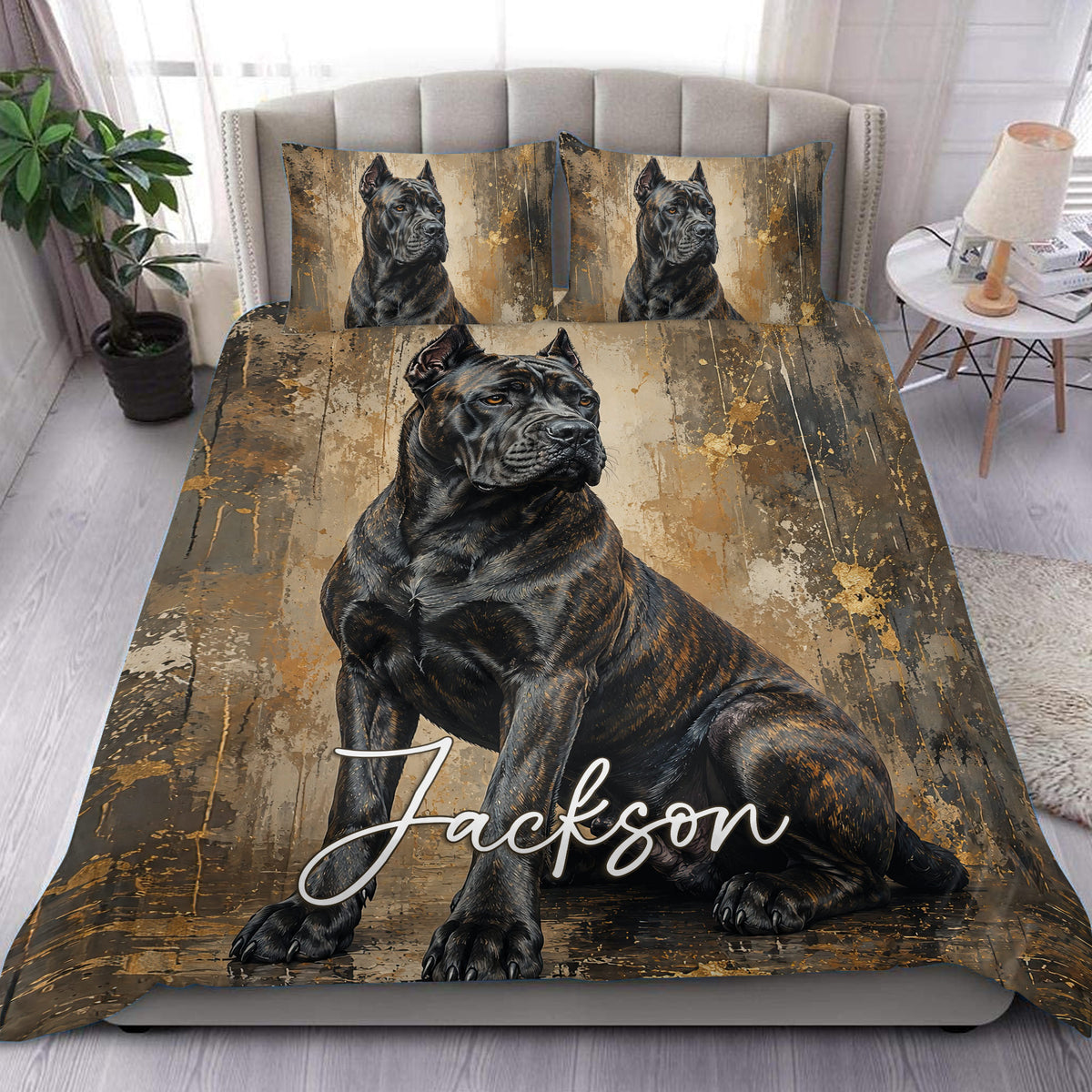 Cane Corso duvet cover set displayed on a bed with a bold black dog portrait and bronze textured artwork