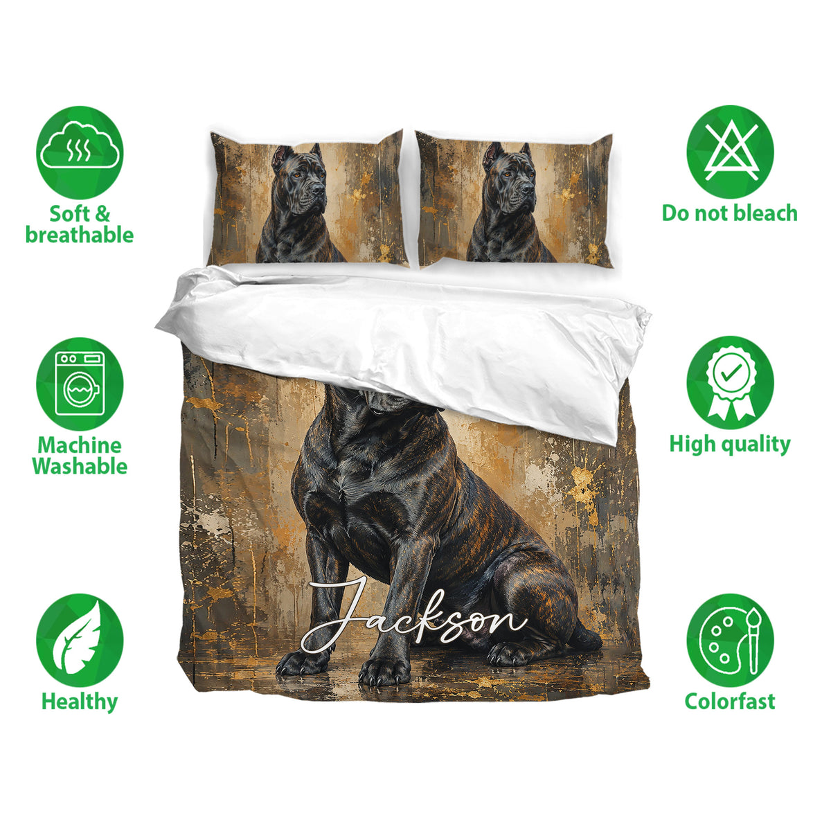 Cane Corso bedding set showing the duvet cover and matching pillowcases with breathable fabric and colorfast artwork