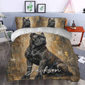 Cane Corso duvet cover styled in a bedroom with black dog artwork, bronze accents, and matching pillowcases