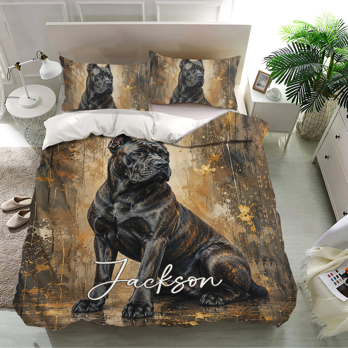 Cane Corso bedding set presented in a bright bedroom with a large black dog portrait and artistic bronze background