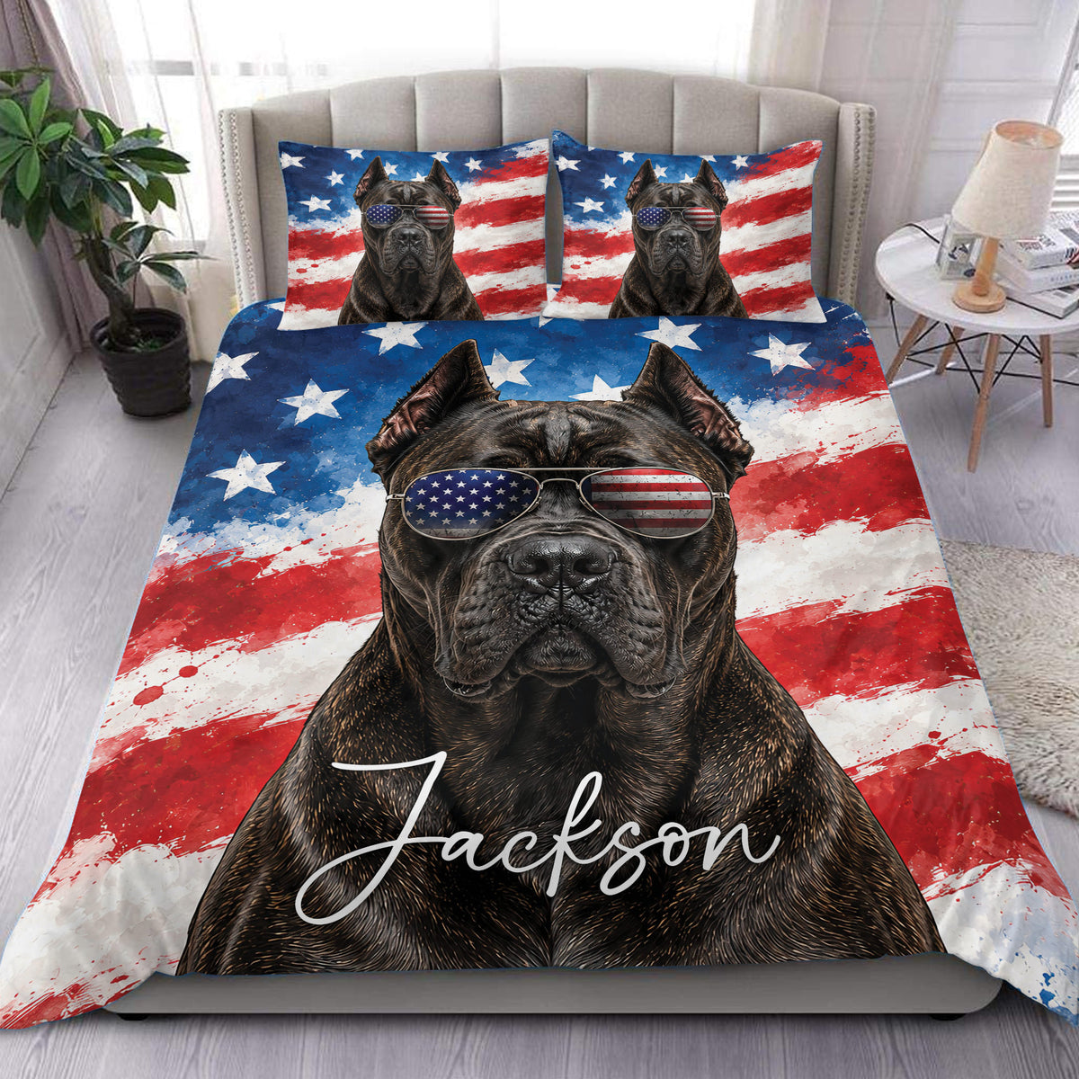 Cane Corso duvet cover set with a patriotic stars and stripes design displayed in a modern bedroom