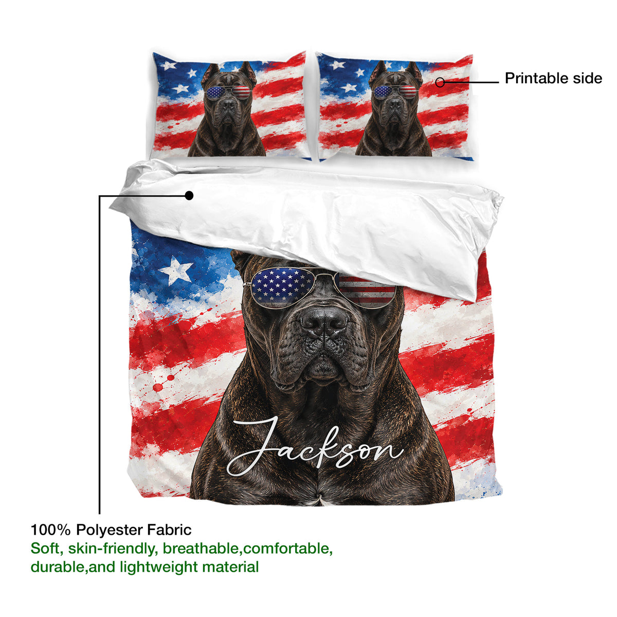Cane Corso duvet cover with patriotic artwork shown with its printable side and lightweight polyester fabric