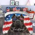 Patriotic Cane Corso duvet cover bedding set styled on a contemporary bed with matching dog portrait pillows