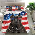 Cane Corso bedding set displayed in a bright bedroom with a bold blue, red, and white dog portrait design