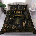 Wicca duvet cover set displayed on a bed with cauldron, candles, crystals, moon phases, and botanical motifs