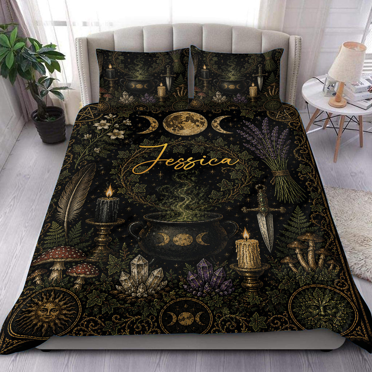 Wicca duvet cover set displayed on a bed with cauldron, candles, crystals, moon phases, and botanical motifs