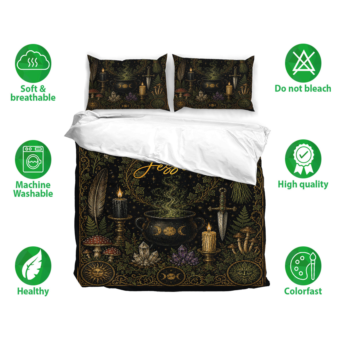 Wicca bedding set with black mystical artwork, matching pillowcases, and soft breathable fabric feature icons