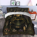 Wicca duvet cover styled in a bedroom with gold moon phases, candles, crystals, herbs, and mystical symbols