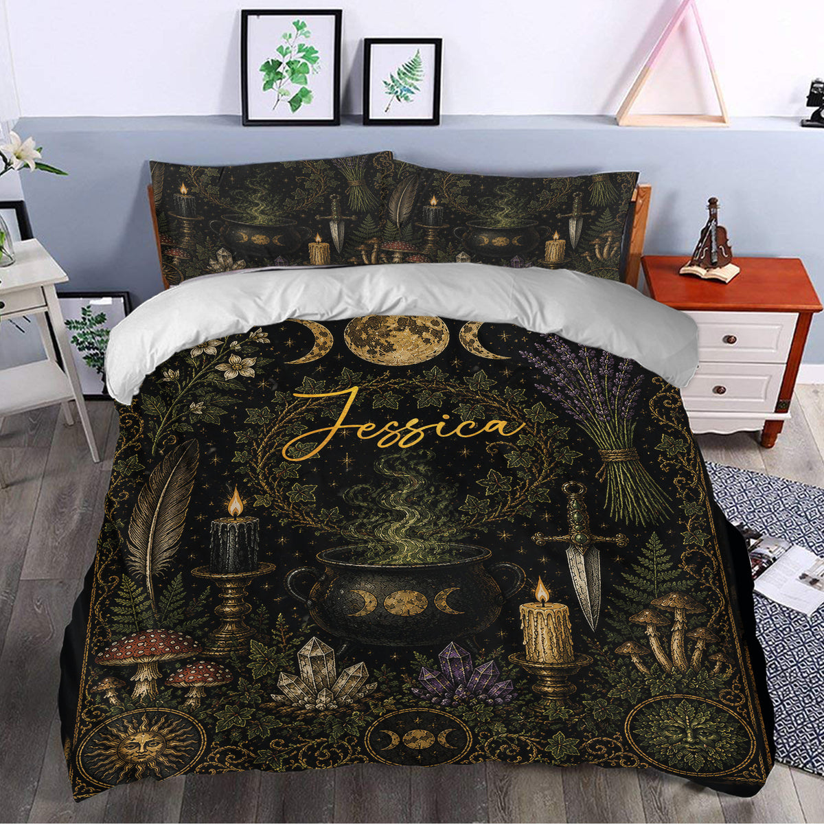 Wicca duvet cover styled in a bedroom with gold moon phases, candles, crystals, herbs, and mystical symbols